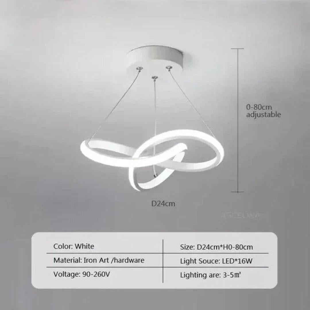 LED-taklampe med bølgeformet lysbånd hengt fra en rund takplate