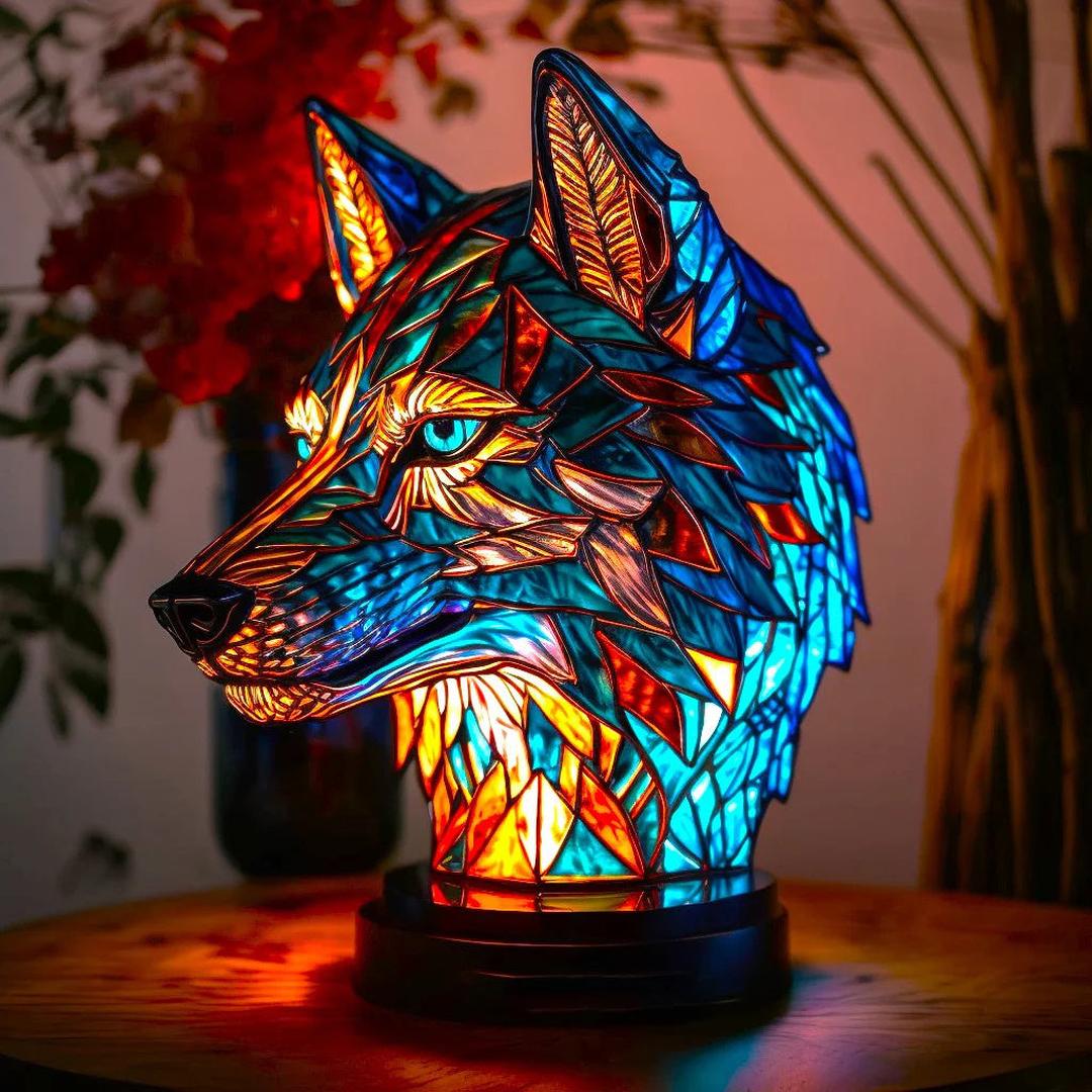Bordlampe i farget glassmosaikk formet som et dyr