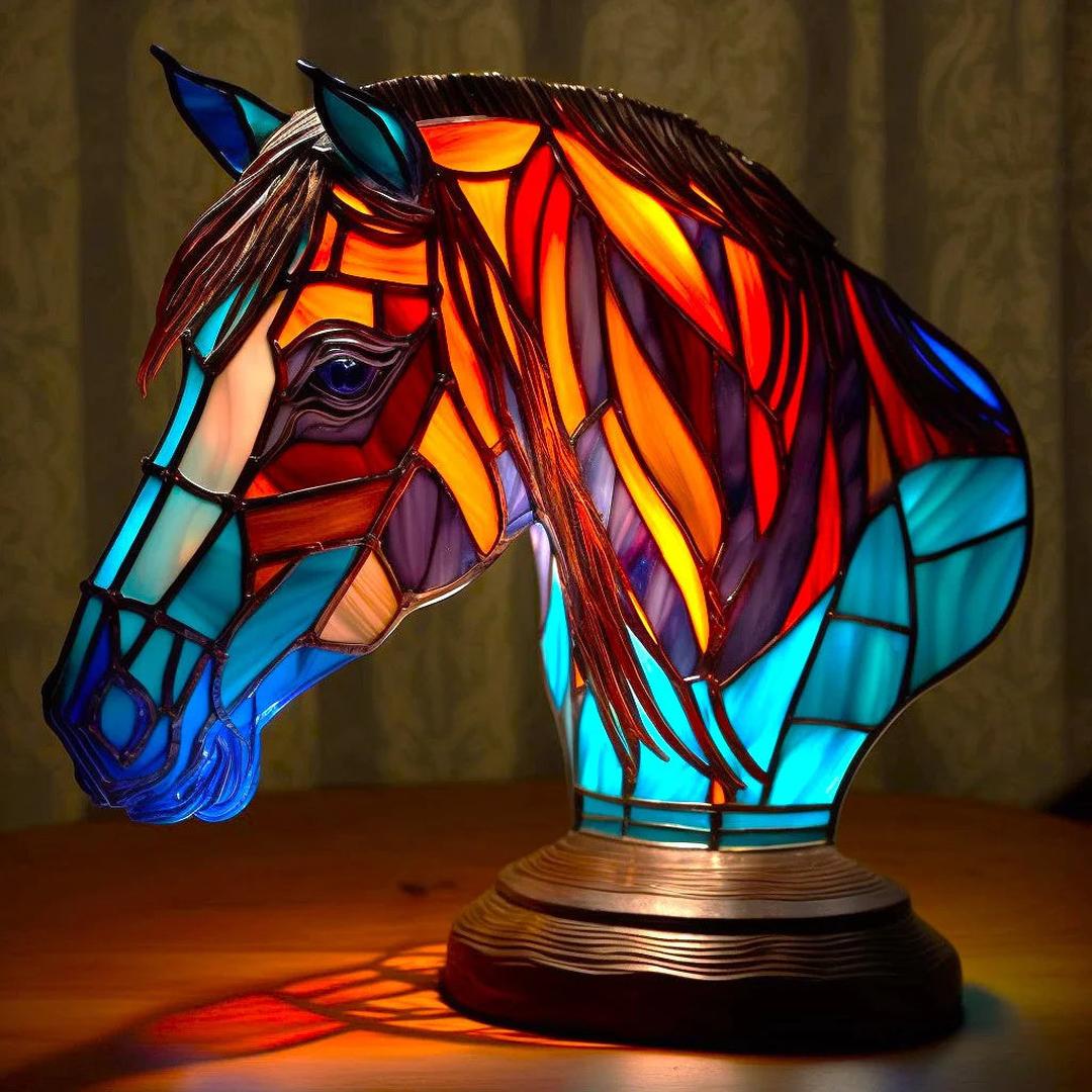 Bordlampe i farget glassmosaikk formet som et dyr