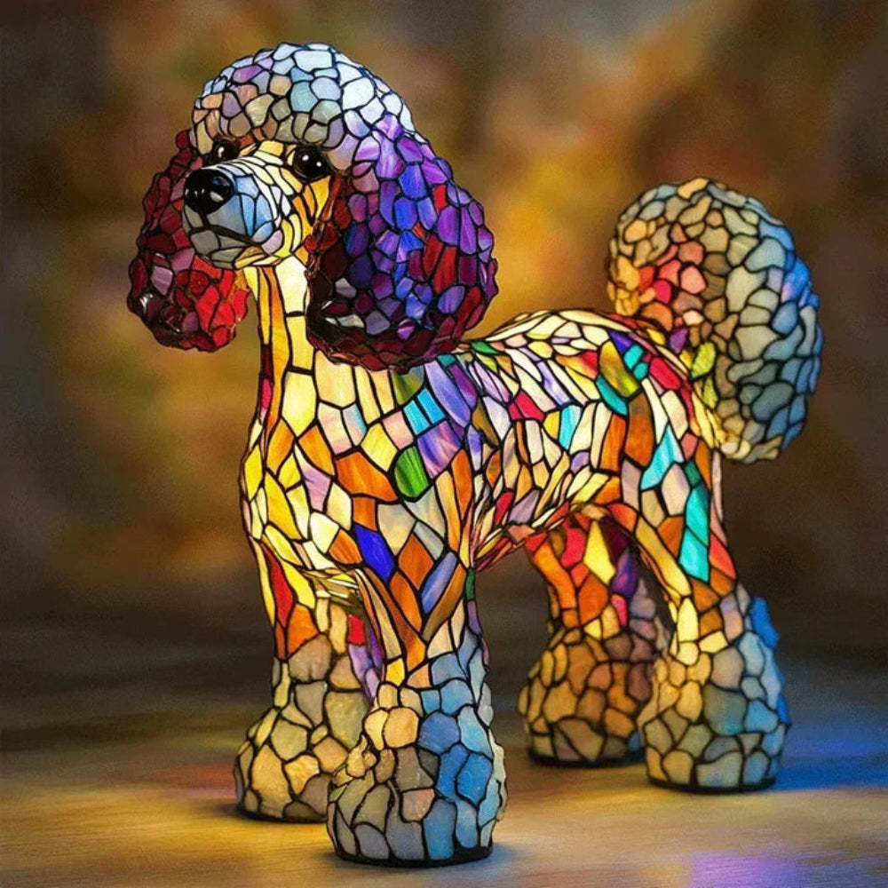 Bordlampe i farget blyglass formet som en hund