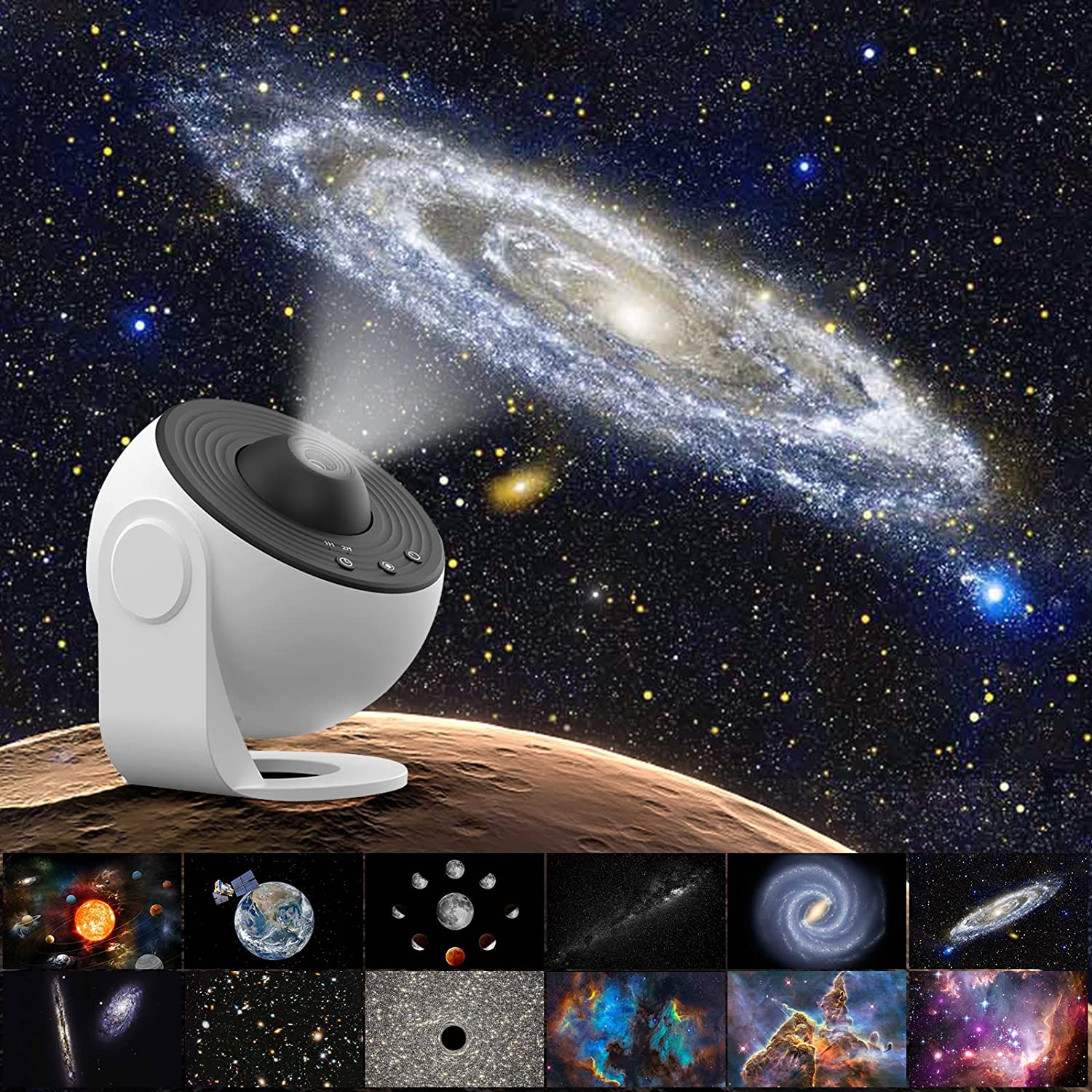 Planetariumprosjektor som kaster stjerne- og galaksemotiv på tak og vegg
