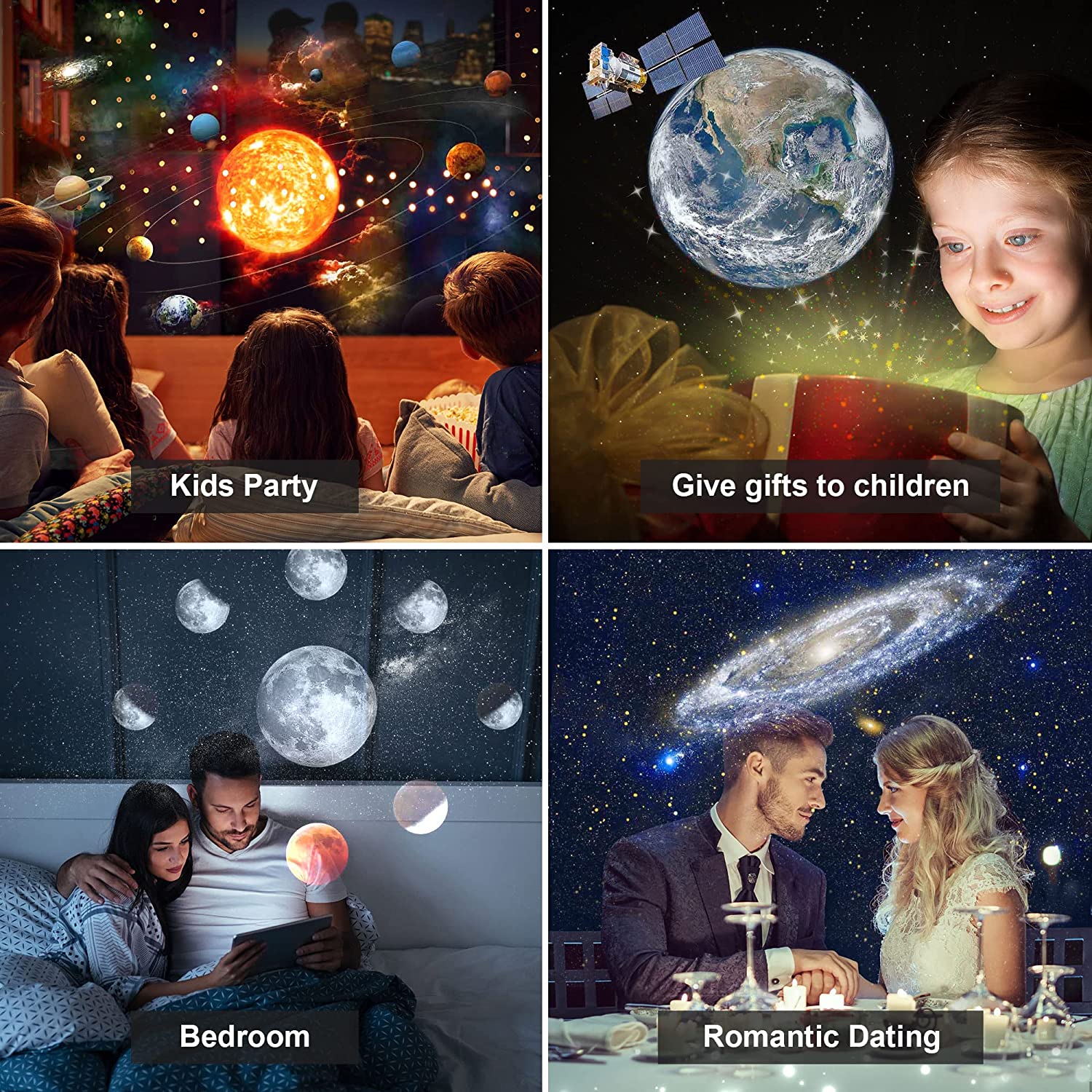 Planetariumprosjektor som kaster stjerne- og galaksemotiv på tak og vegg