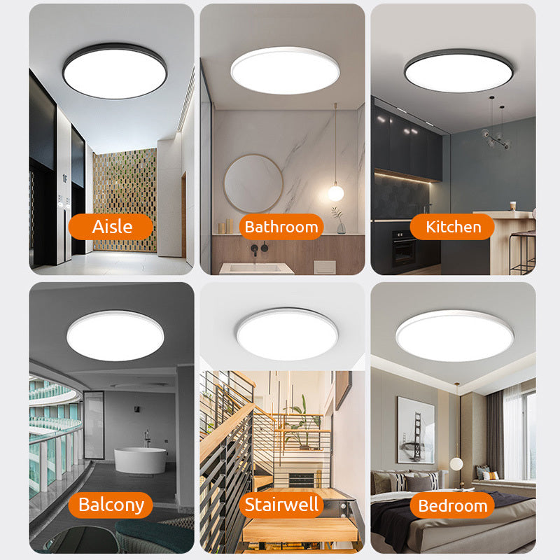 Rund, flat LED-taklampe med metallkant