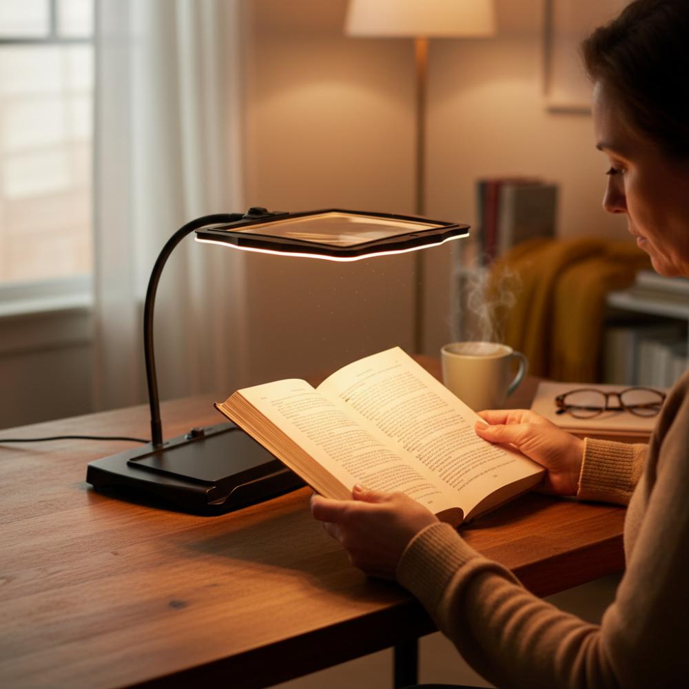 Bordlampe med stort forstørrelsesglass og bøyelig svanehals