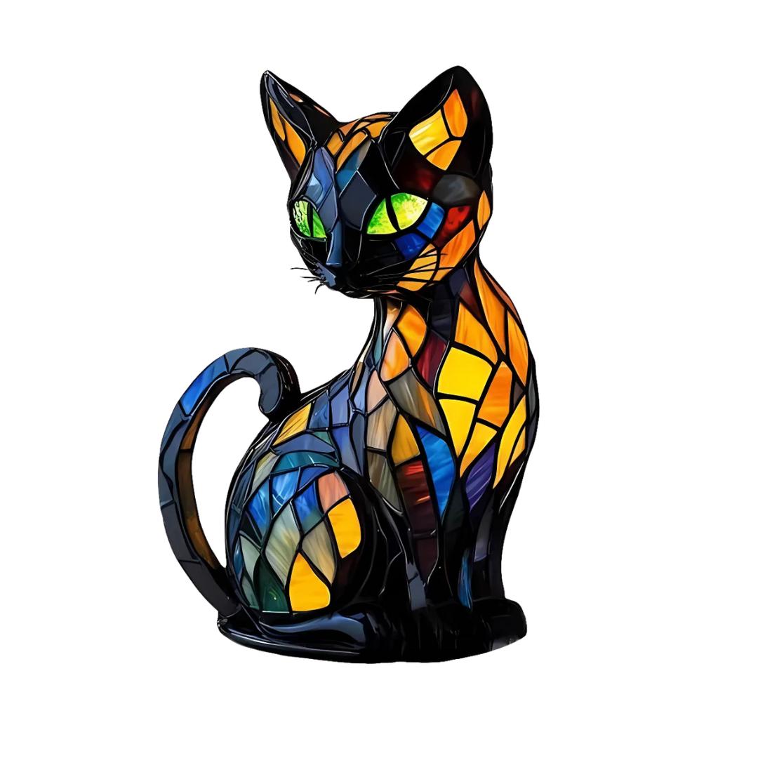 Håndlaget bordlampe i glassmosaikk formet som en sittende katt