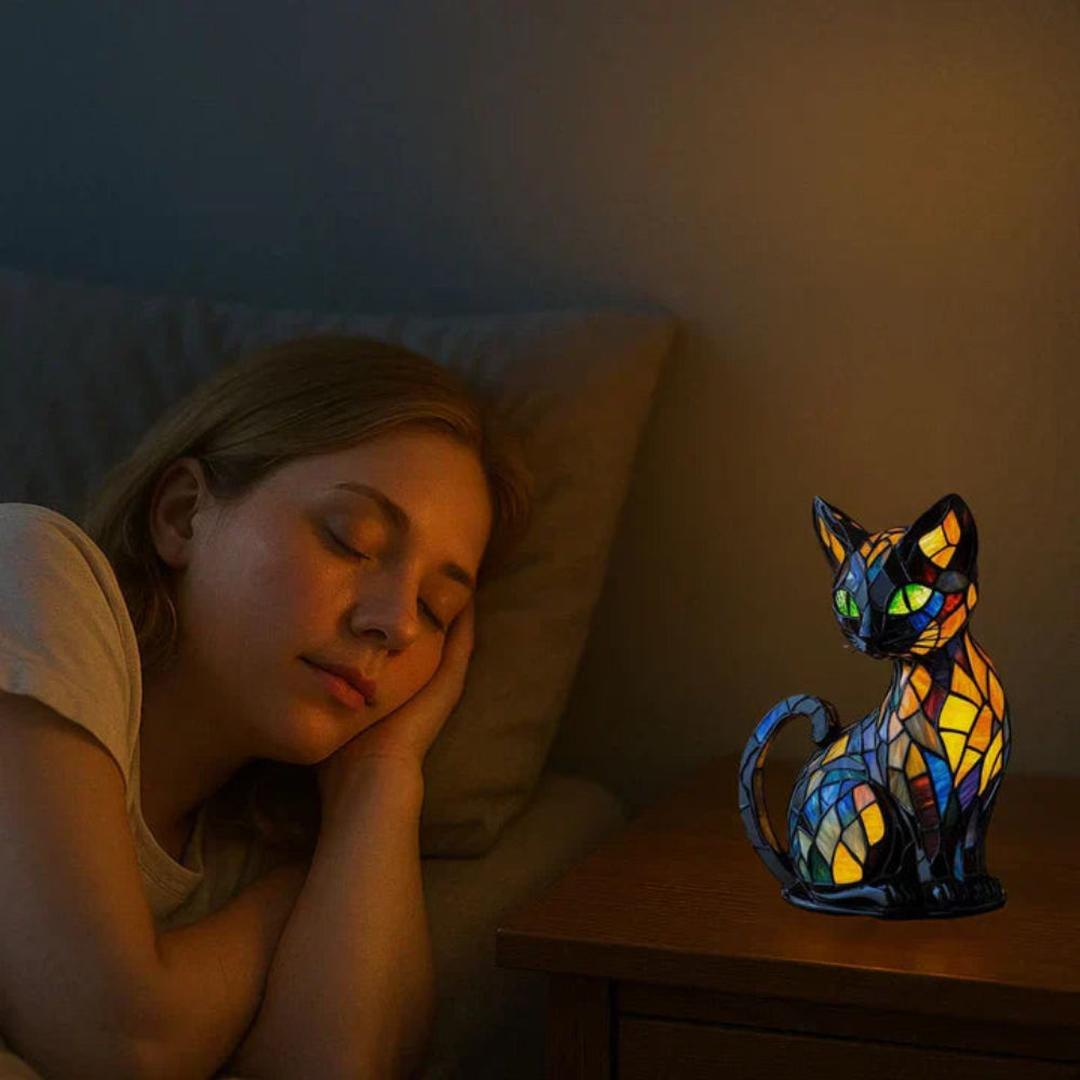 Håndlaget bordlampe i glassmosaikk formet som en sittende katt