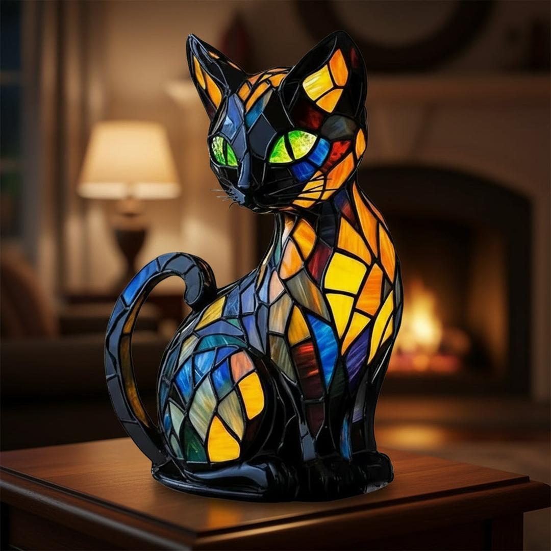 Håndlaget bordlampe i glassmosaikk formet som en sittende katt