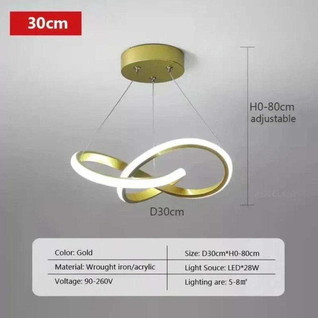 LED-taklampe med bølgeformet lysbånd hengt fra en rund takplate