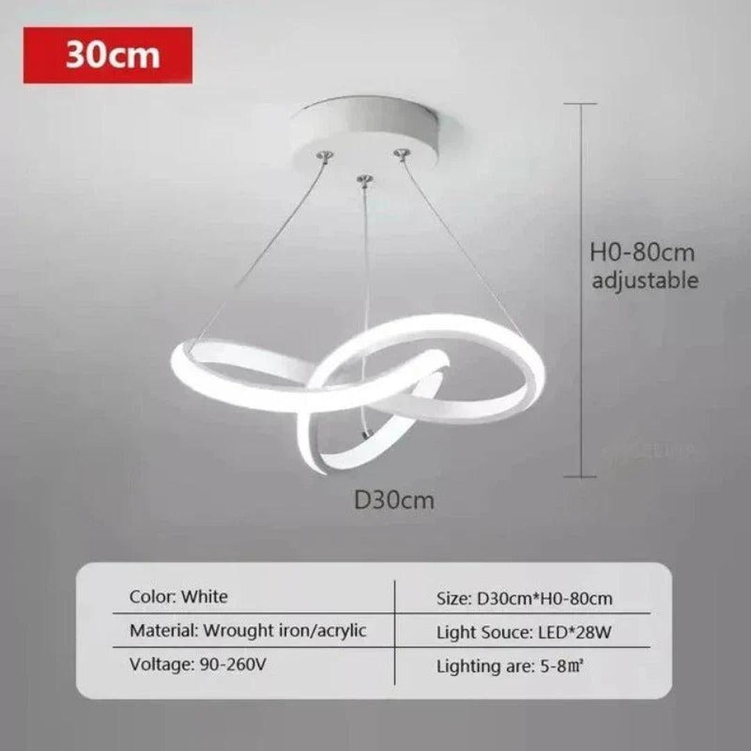LED-taklampe med bølgeformet lysbånd hengt fra en rund takplate