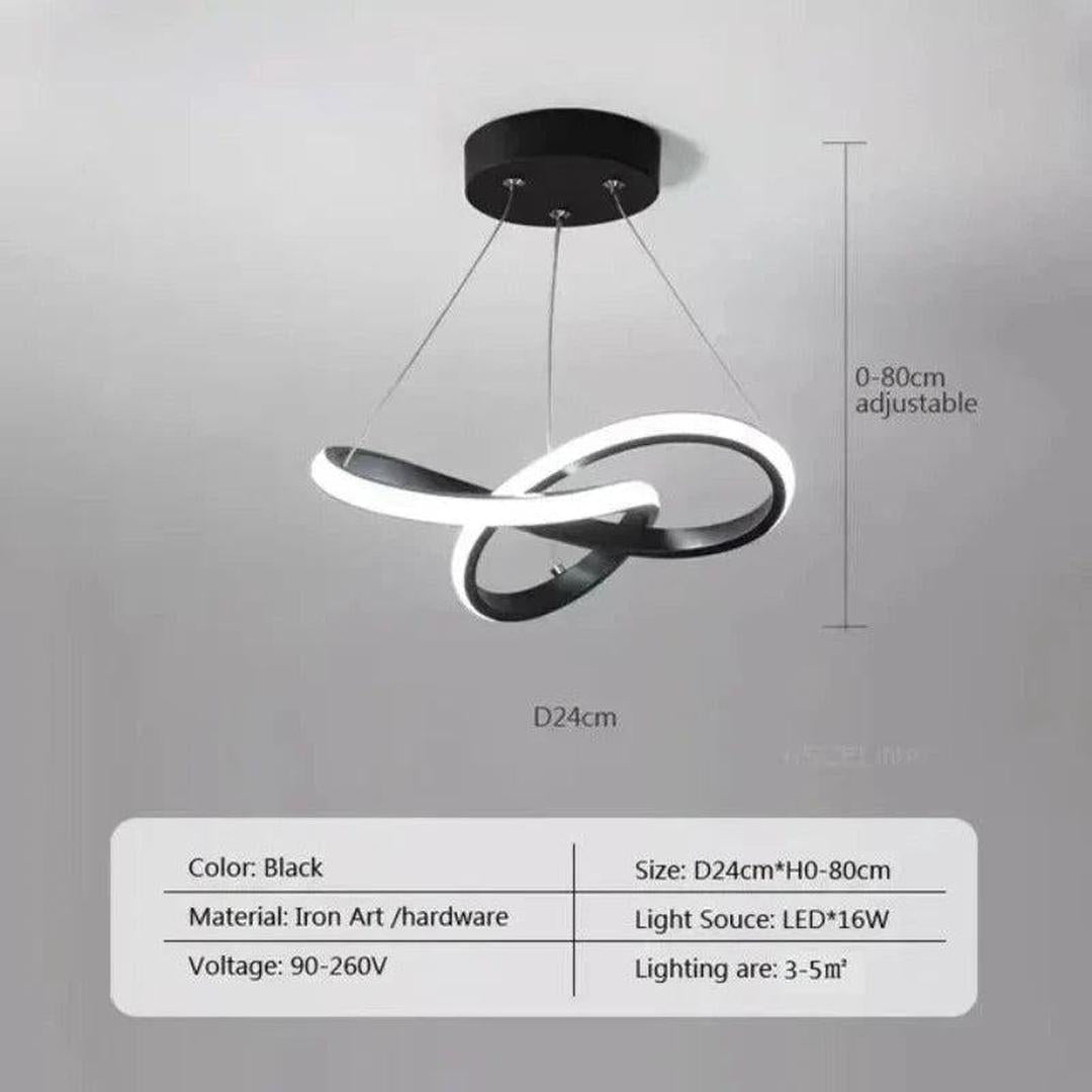 LED-taklampe med bølgeformet lysbånd hengt fra en rund takplate