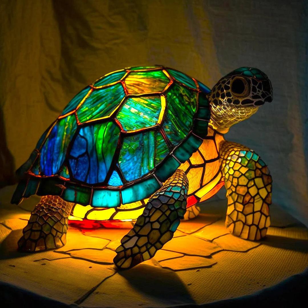 Bordlampe i farget glassmosaikk formet som et dyr