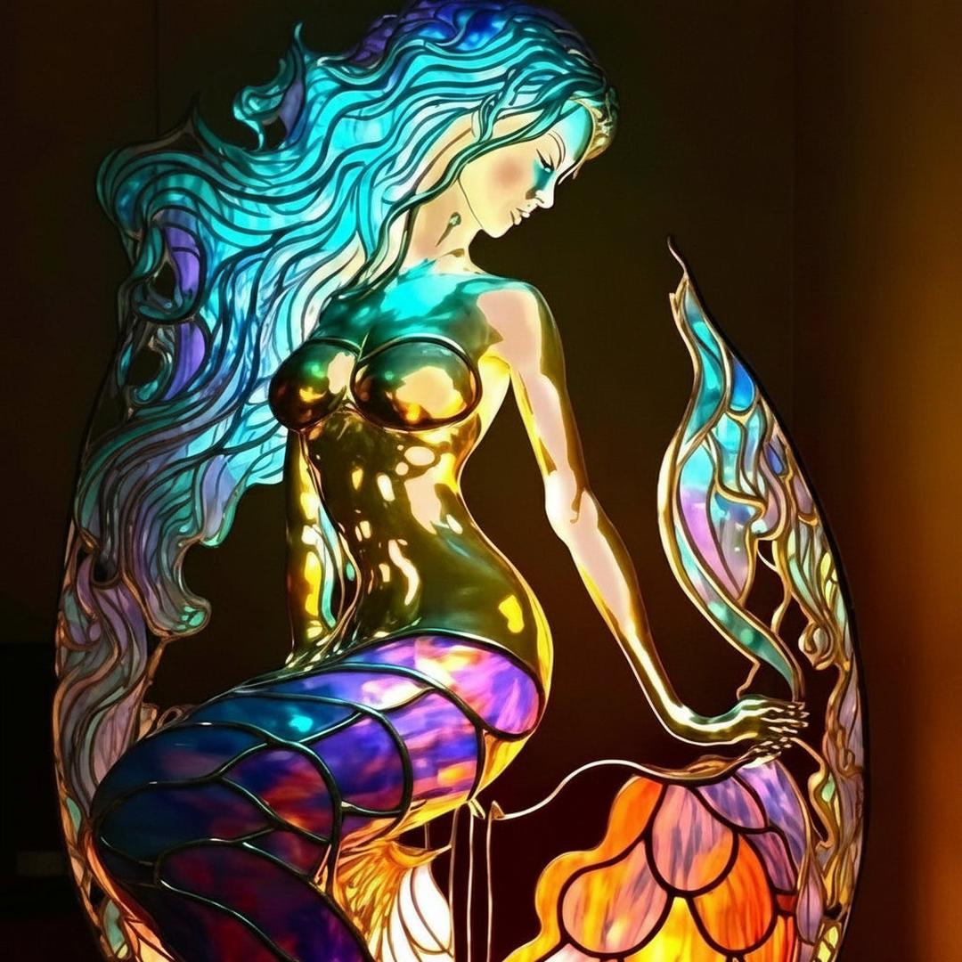 Bordlampe i farget glassmosaikk formet som et dyr
