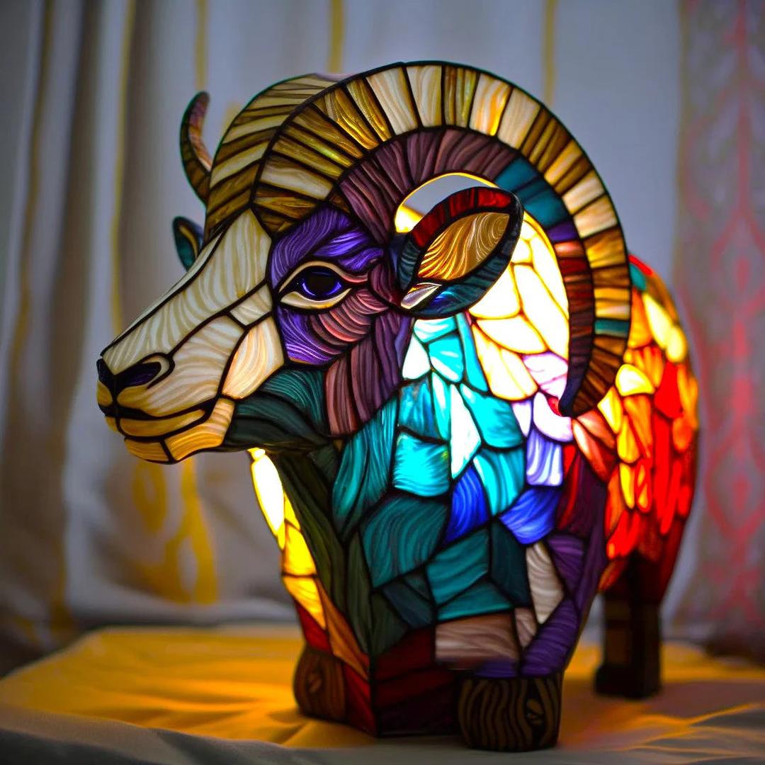 Bordlampe i farget glassmosaikk formet som et dyr