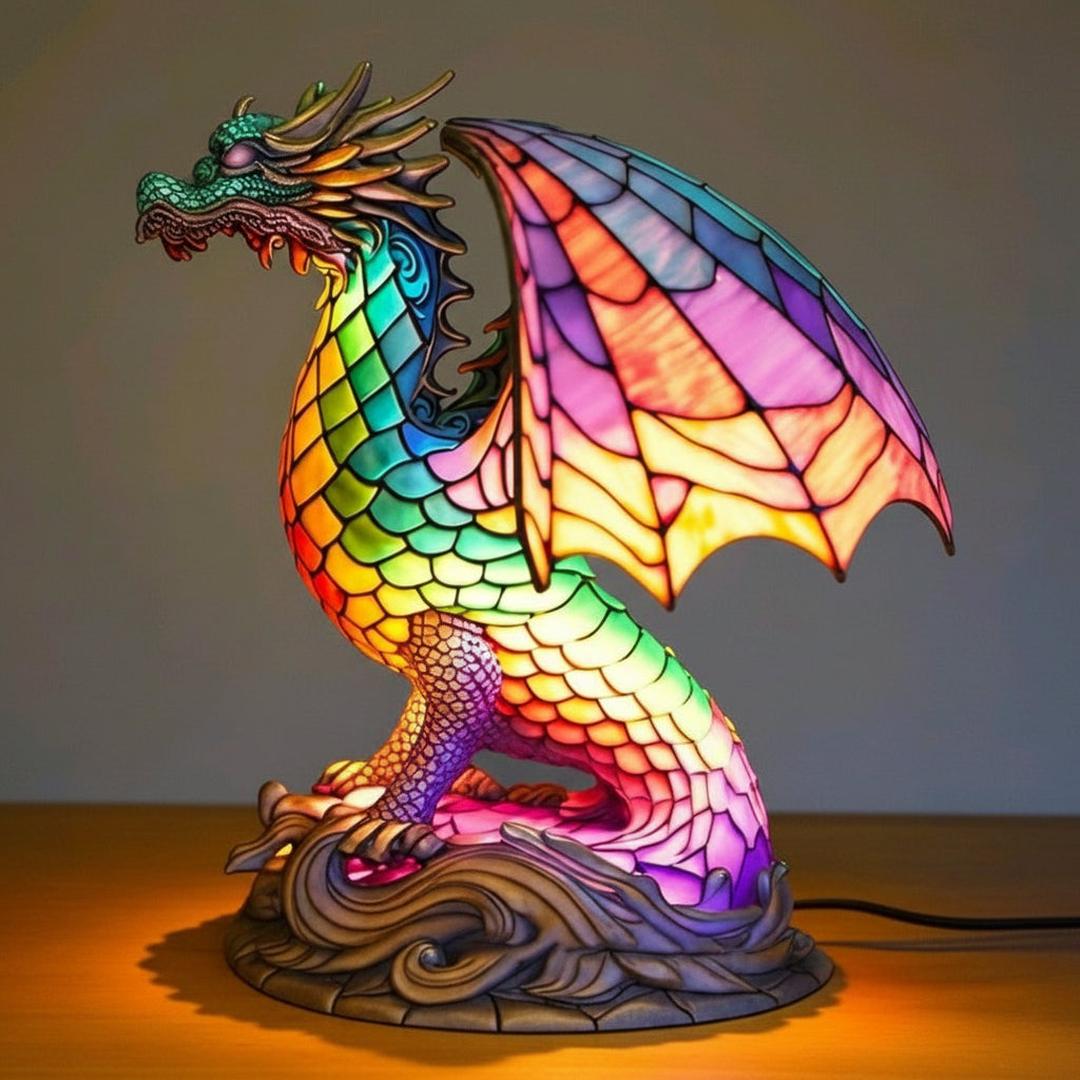 Bordlampe i farget glassmosaikk formet som et dyr