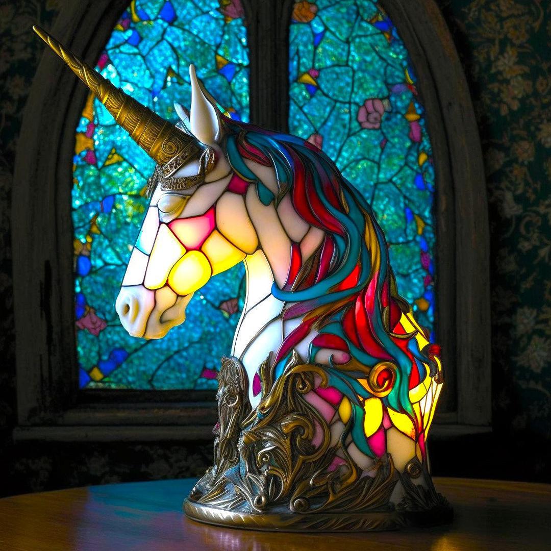 Bordlampe i farget glassmosaikk formet som et dyr