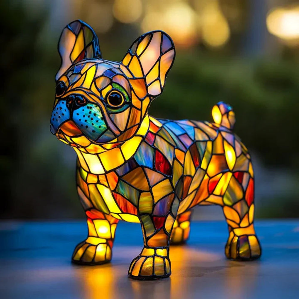 Bordlampe i farget blyglass formet som en hund