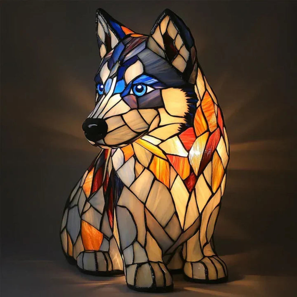 Bordlampe i farget blyglass formet som en hund