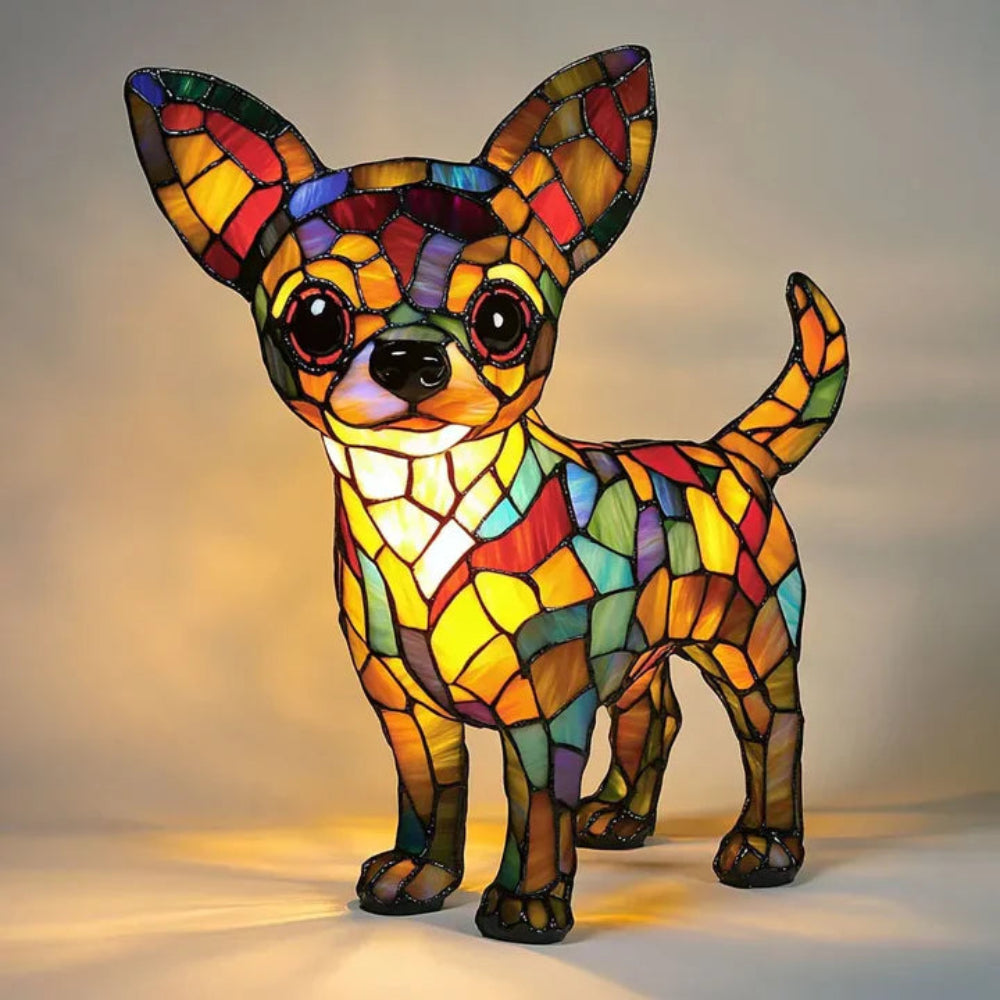 Bordlampe i farget blyglass formet som en hund