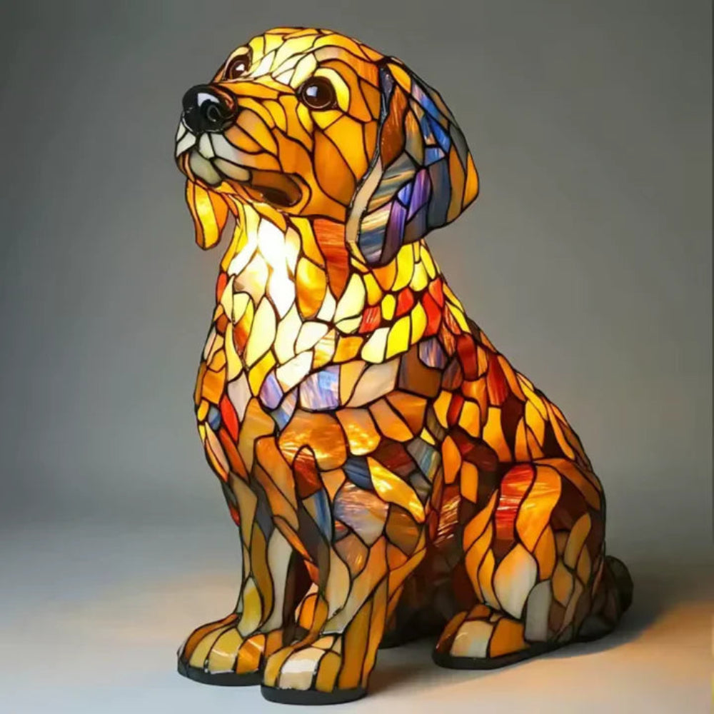 Bordlampe i farget blyglass formet som en hund
