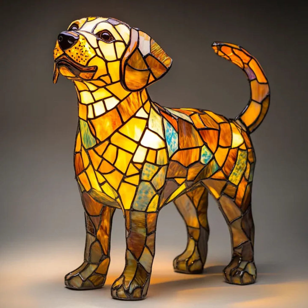 Bordlampe i farget blyglass formet som en hund