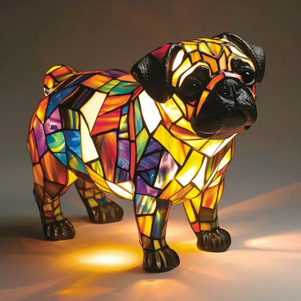 Bordlampe i farget blyglass formet som en hund
