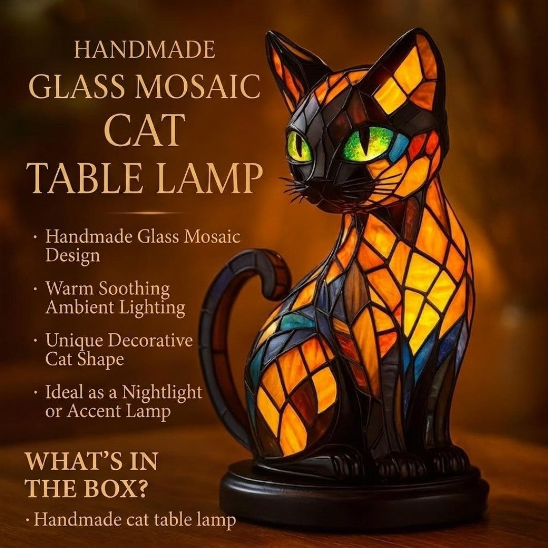 Missora - Håndlaget bordlampe i glassmosaikk formet som katt